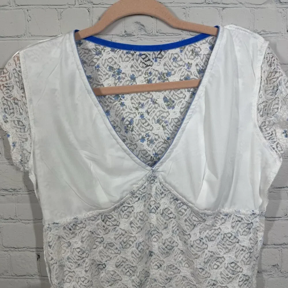 Coquette Y2K Sheer Lace Floral Blouse Junior Large Blue Trim Bow Top Romantic